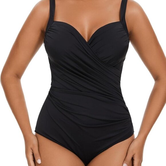 Plus Size Black Ruched Tummy Control One Piece Swimsuit - Picture 1 of 8